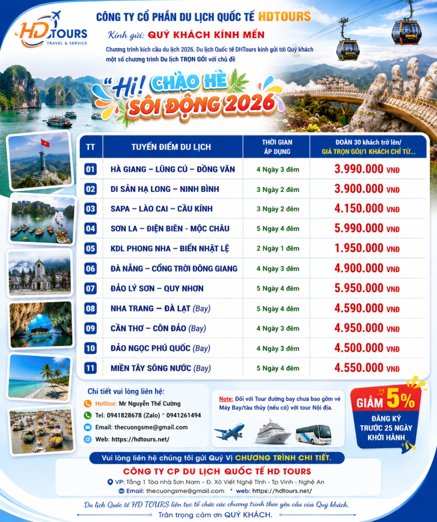 Bảng giá Tour 2026 tai HD Tours
